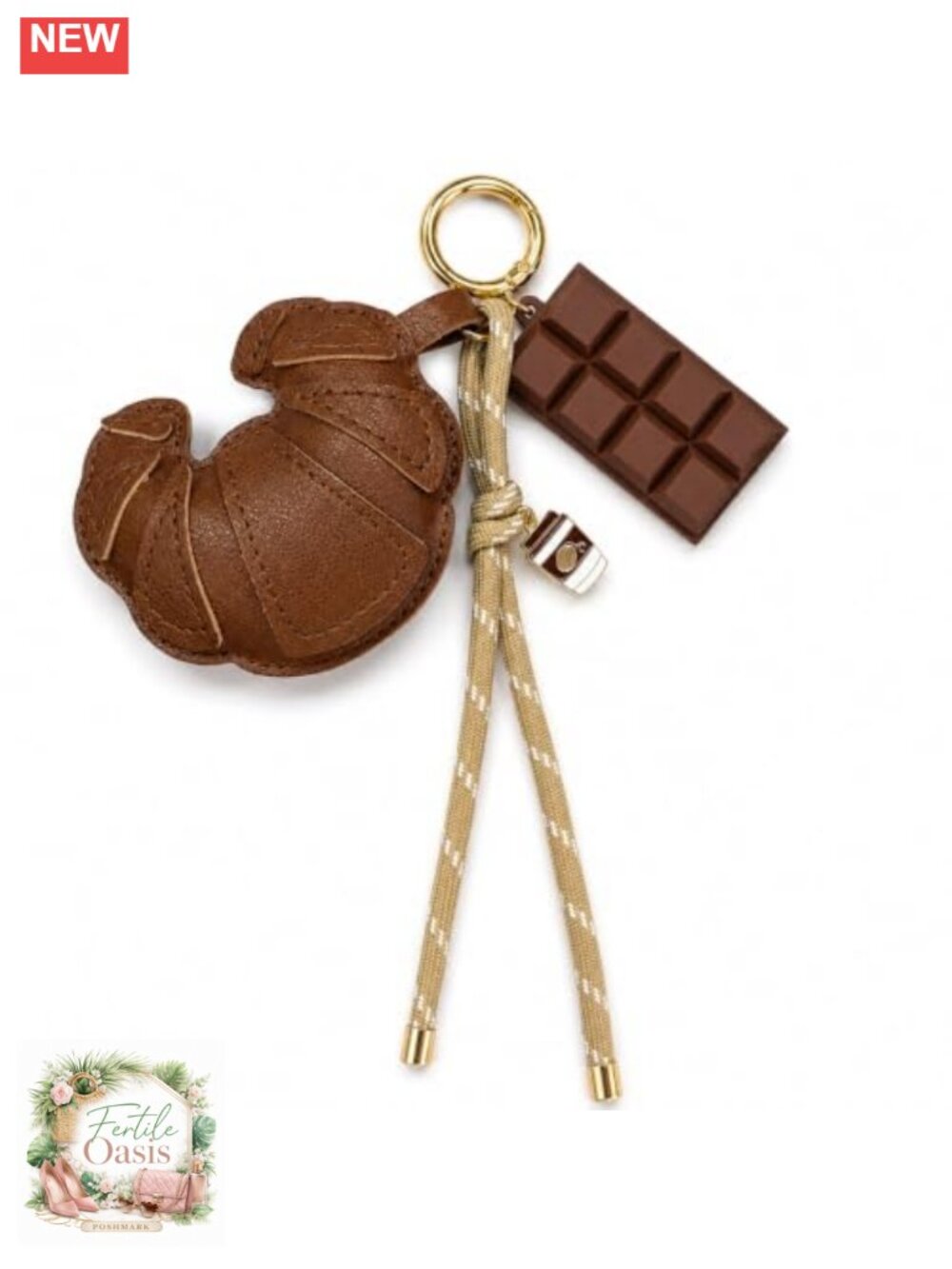 Croissant Coffee Bag Charm Keychain Purse Charm, Faux Leather Tassel